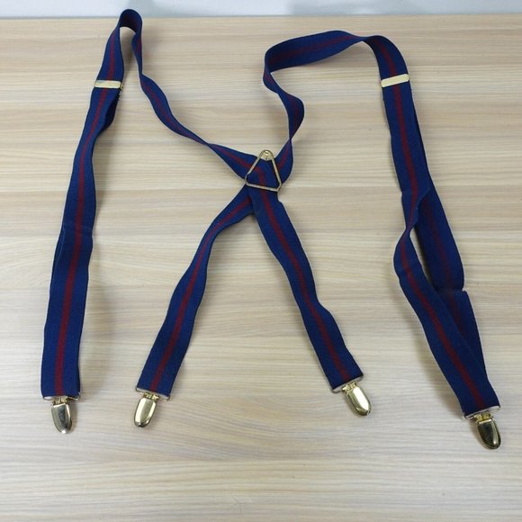 Suspender Mens Blue Striped Clip On Braces X Back Adjustable Elastic Stretch - Picture 1 of 10